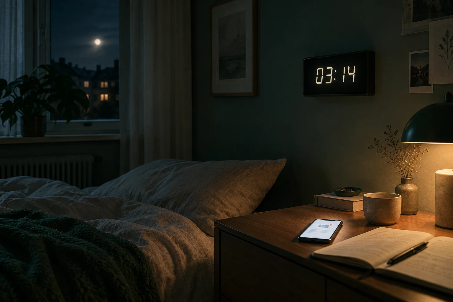 Et vægur viser 03:14, mens en telefon lyser i et tomt soveværelse