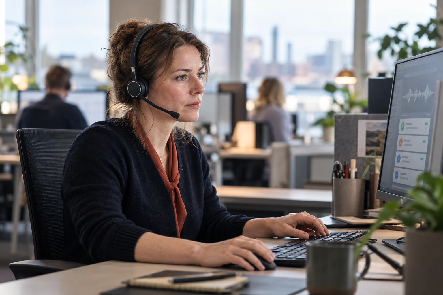 AI-genereret illustration af en medarbejder med headset ved en skærm med en lydkurve og kundeopkald.